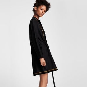 ZARA Women's Black Linen Tassel Tie Tunic Dress. Medium